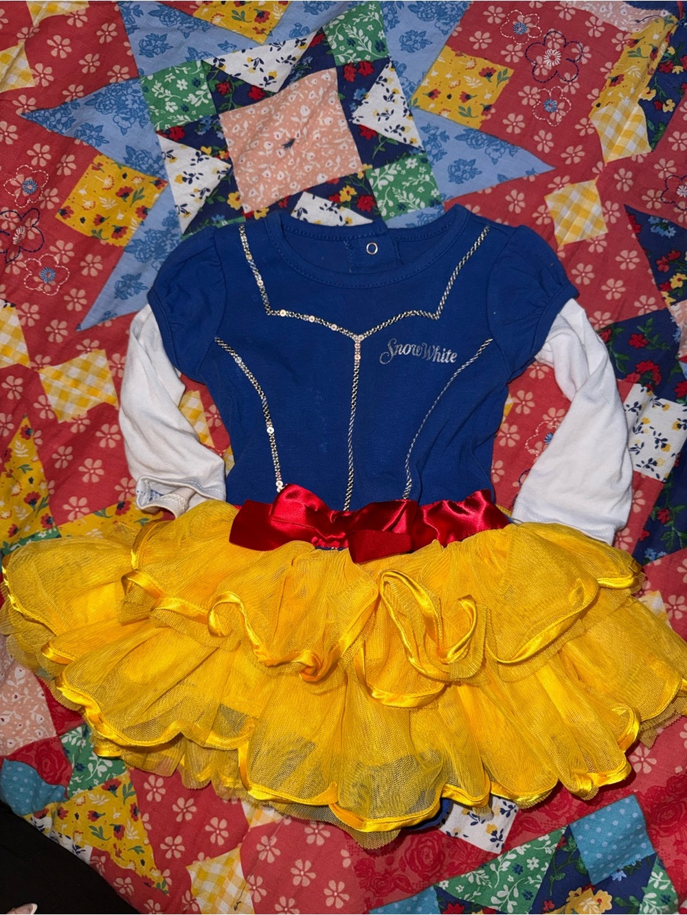 Disney Snow White Blue Bodice & Yellow Ruffled Skirt Costume with Red Bow
